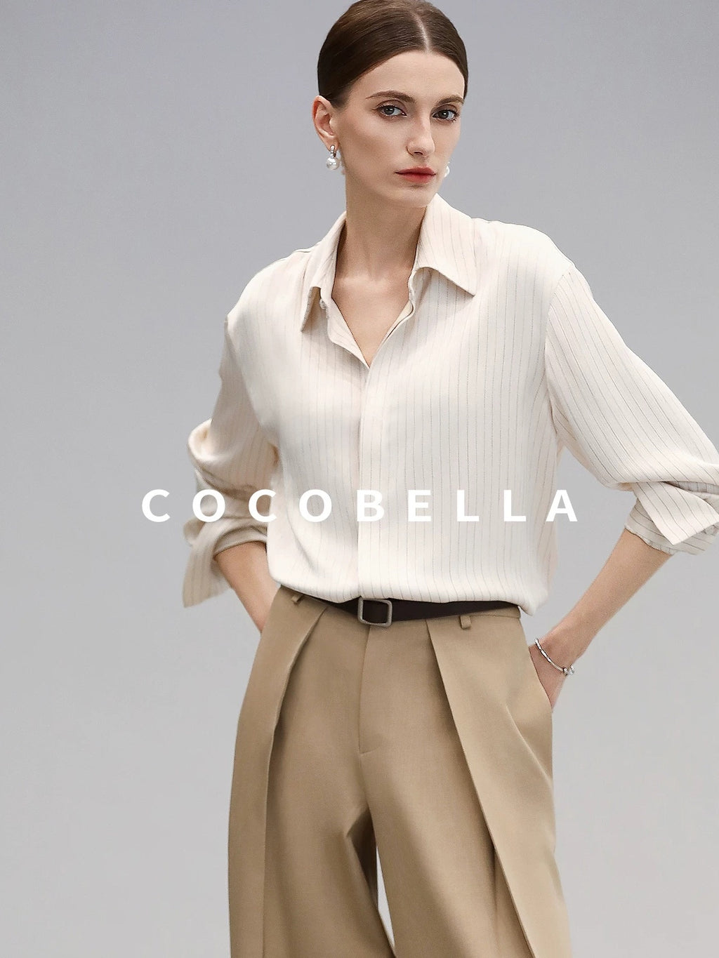 COCOBELLA Polyester Blend Striped Collared Button Front Straight Fit Office Shirts