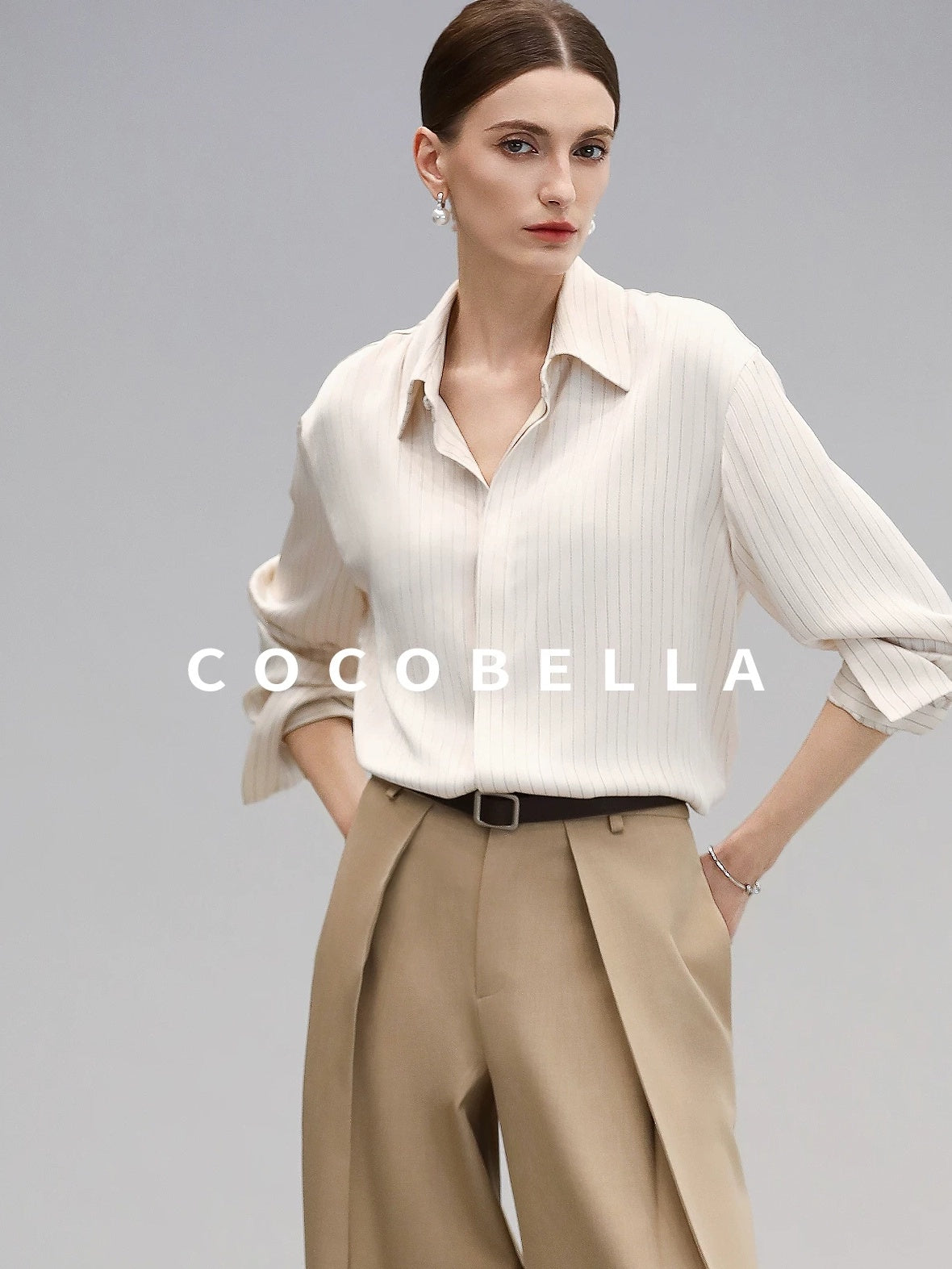 COCOBELLA Polyester Blend Striped Collared Button Front Straight Fit Office Shirts