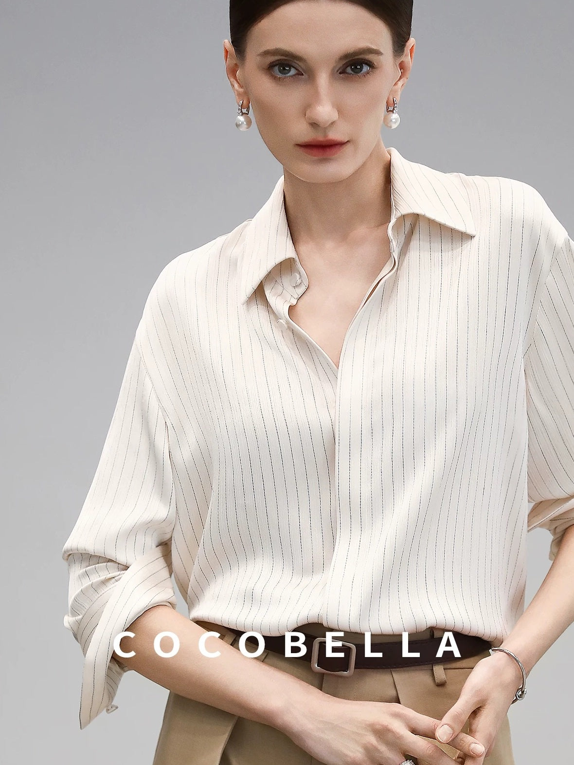 COCOBELLA Polyester Blend Striped Collared Button Front Straight Fit Office Shirts