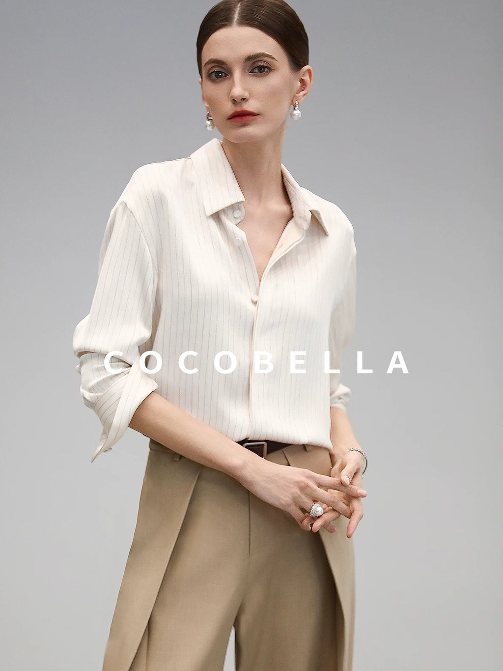 COCOBELLA Polyester Blend Striped Collared Button Front Straight Fit Office Shirts