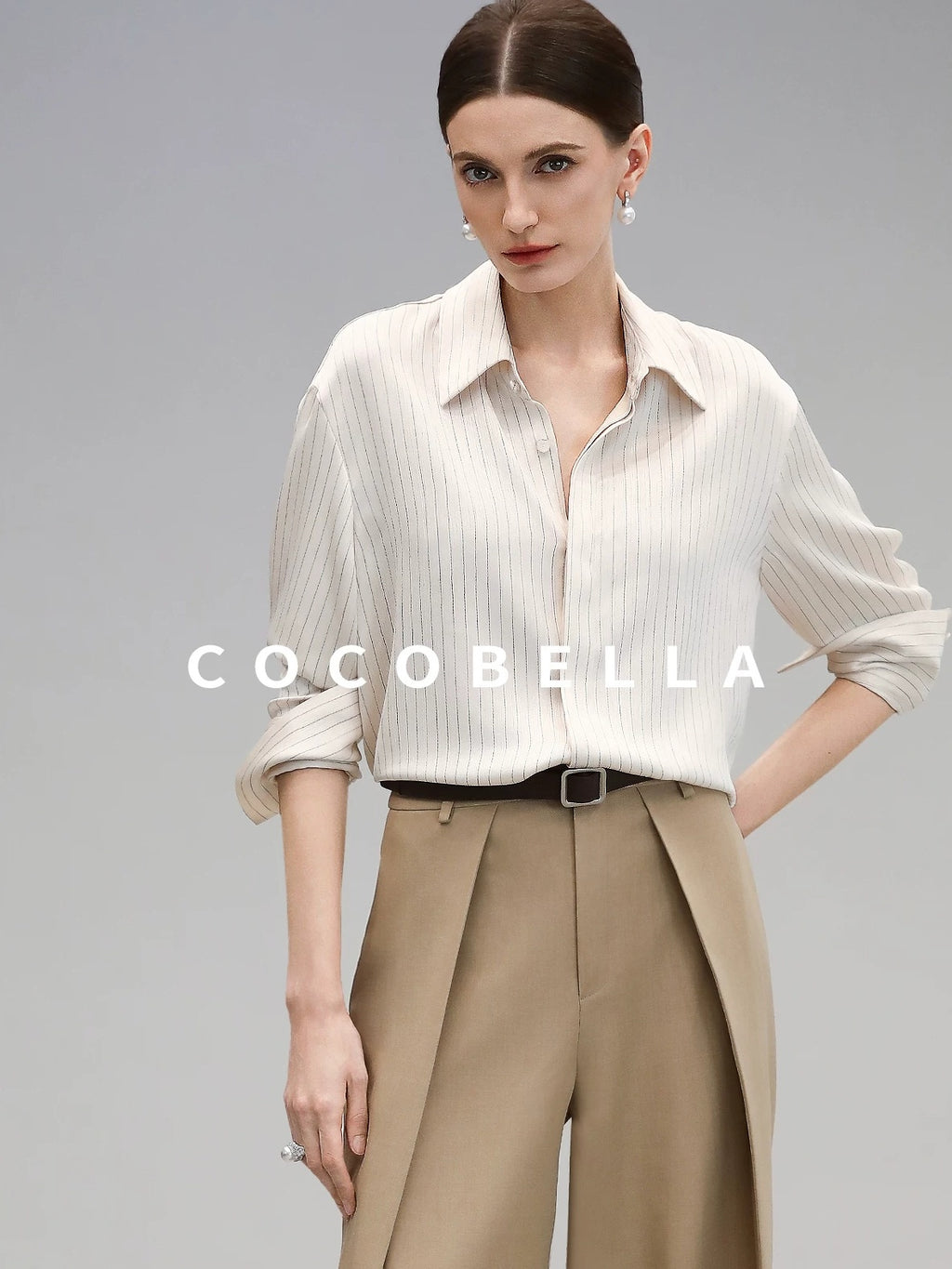 COCOBELLA Polyester Blend Striped Collared Button Front Straight Fit Office Shirts