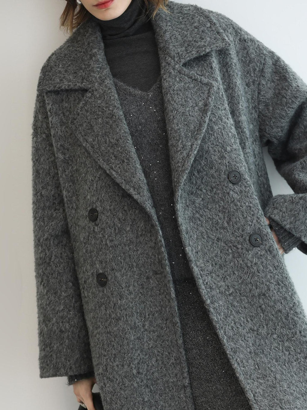 COCOBELLA Polyester Double Breasted Straight Mid Length Ladylike Outerwear Gray Coats