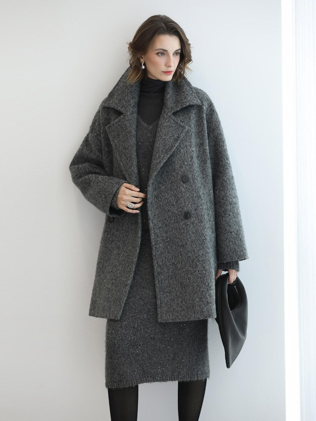 COCOBELLA Polyester Double Breasted Straight Mid Length Ladylike Outerwear Gray Coats