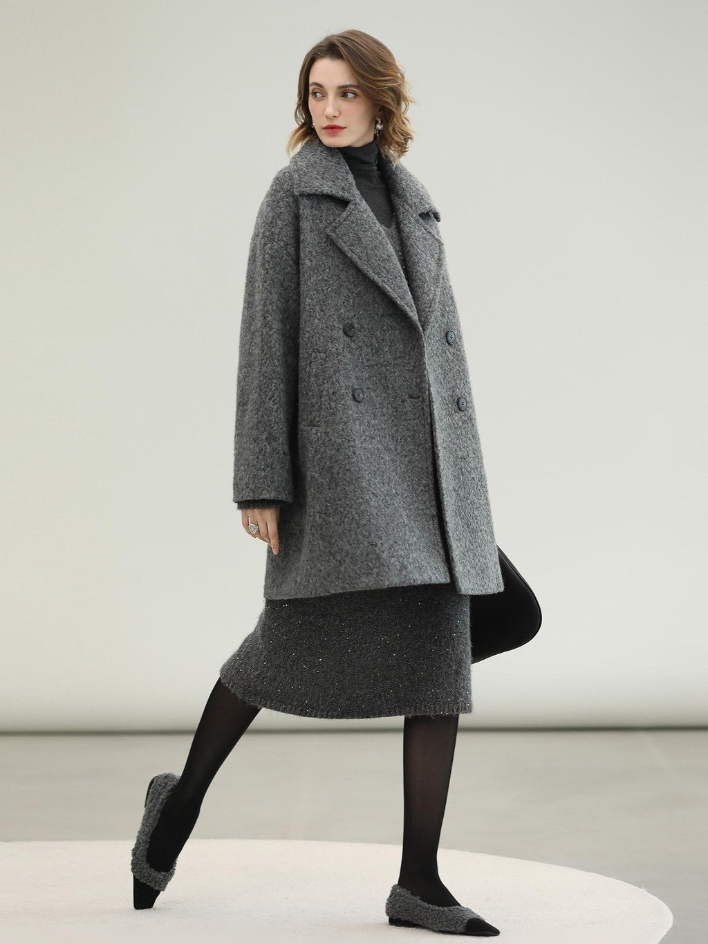 COCOBELLA Polyester Double Breasted Straight Mid Length Ladylike Outerwear Gray Coats