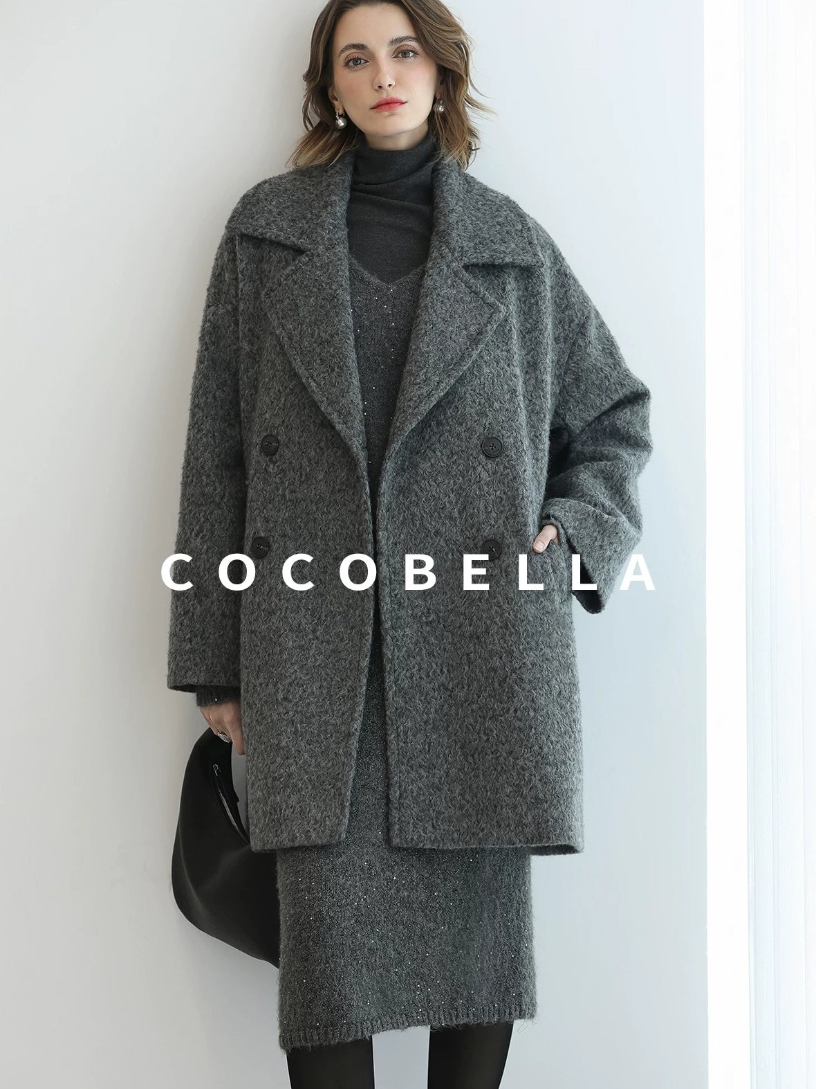 COCOBELLA Polyester Double Breasted Straight Mid Length Ladylike Outerwear Gray Coats