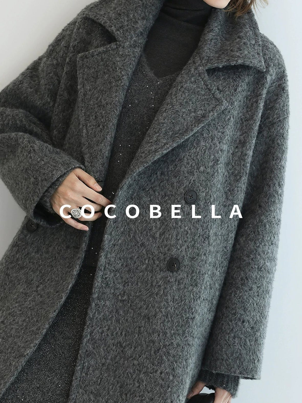 COCOBELLA Polyester Double Breasted Straight Mid Length Ladylike Outerwear Gray Coats