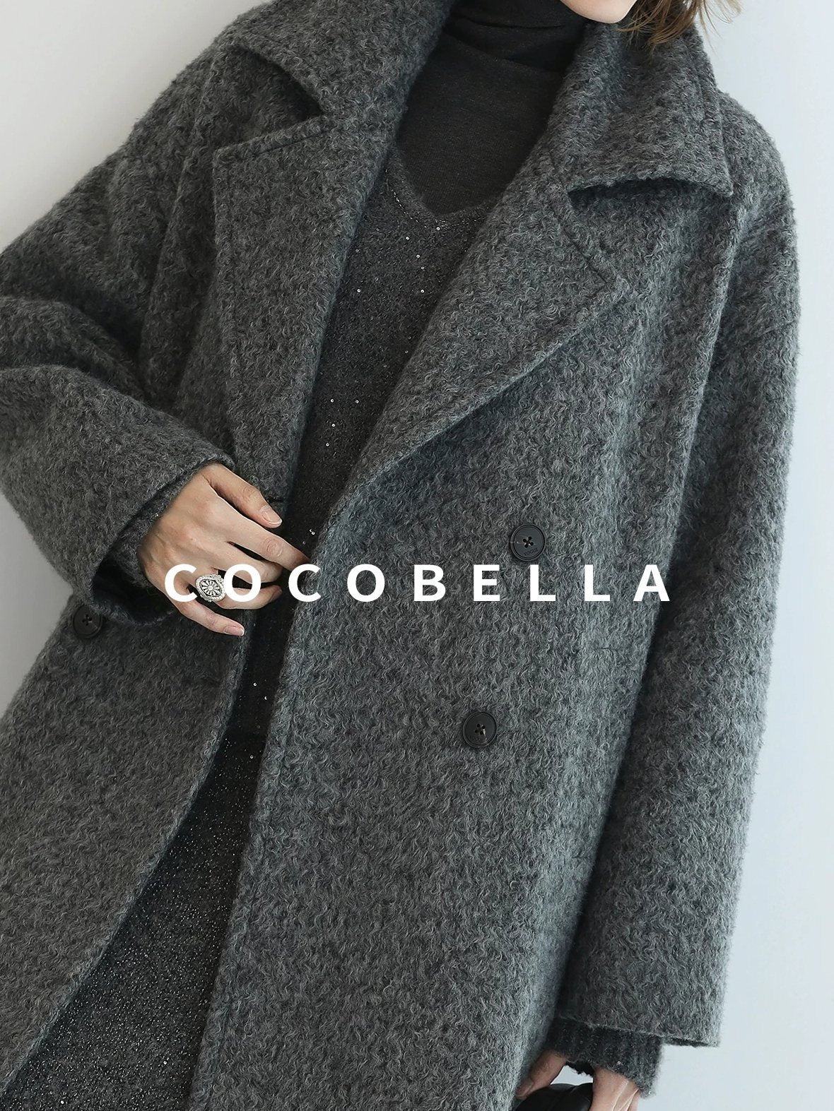 COCOBELLA Polyester Double Breasted Straight Mid Length Ladylike Outerwear Gray Coats
