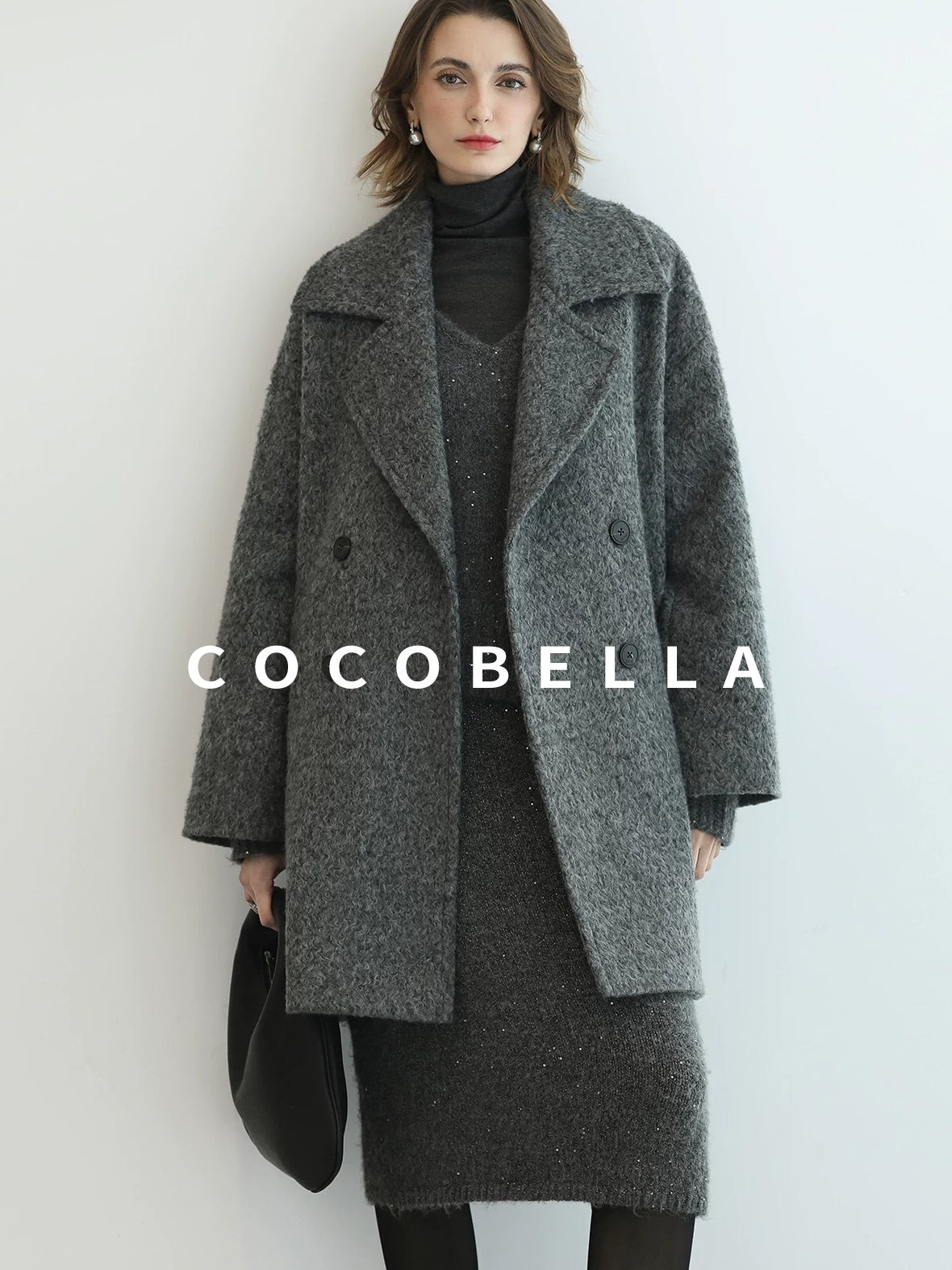 COCOBELLA Polyester Double Breasted Straight Mid Length Ladylike Outerwear Gray Coats