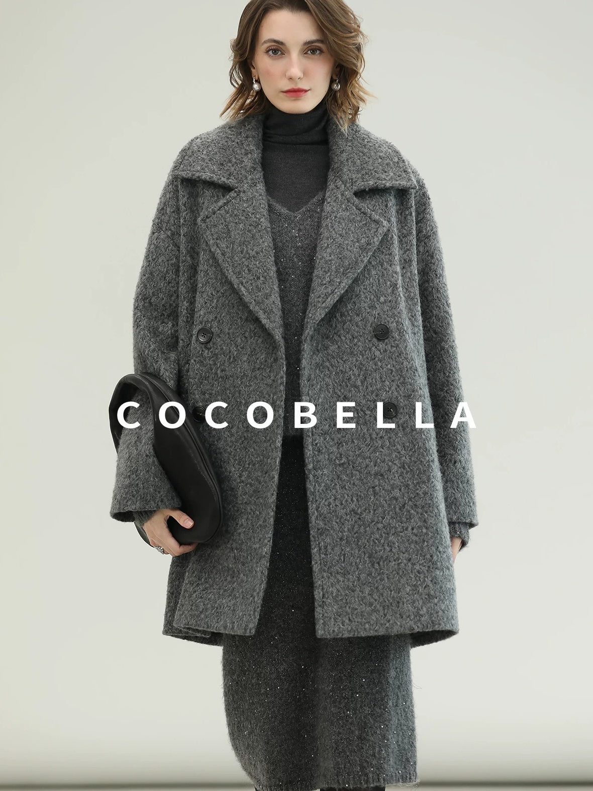 COCOBELLA Polyester Double Breasted Straight Mid Length Ladylike Outerwear Gray Coats
