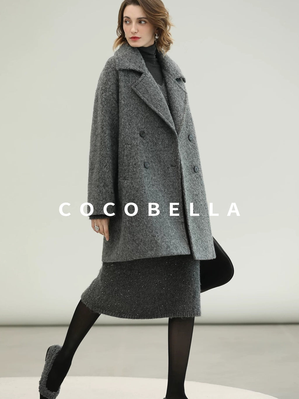 COCOBELLA Polyester Double Breasted Straight Mid Length Ladylike Outerwear Gray Coats