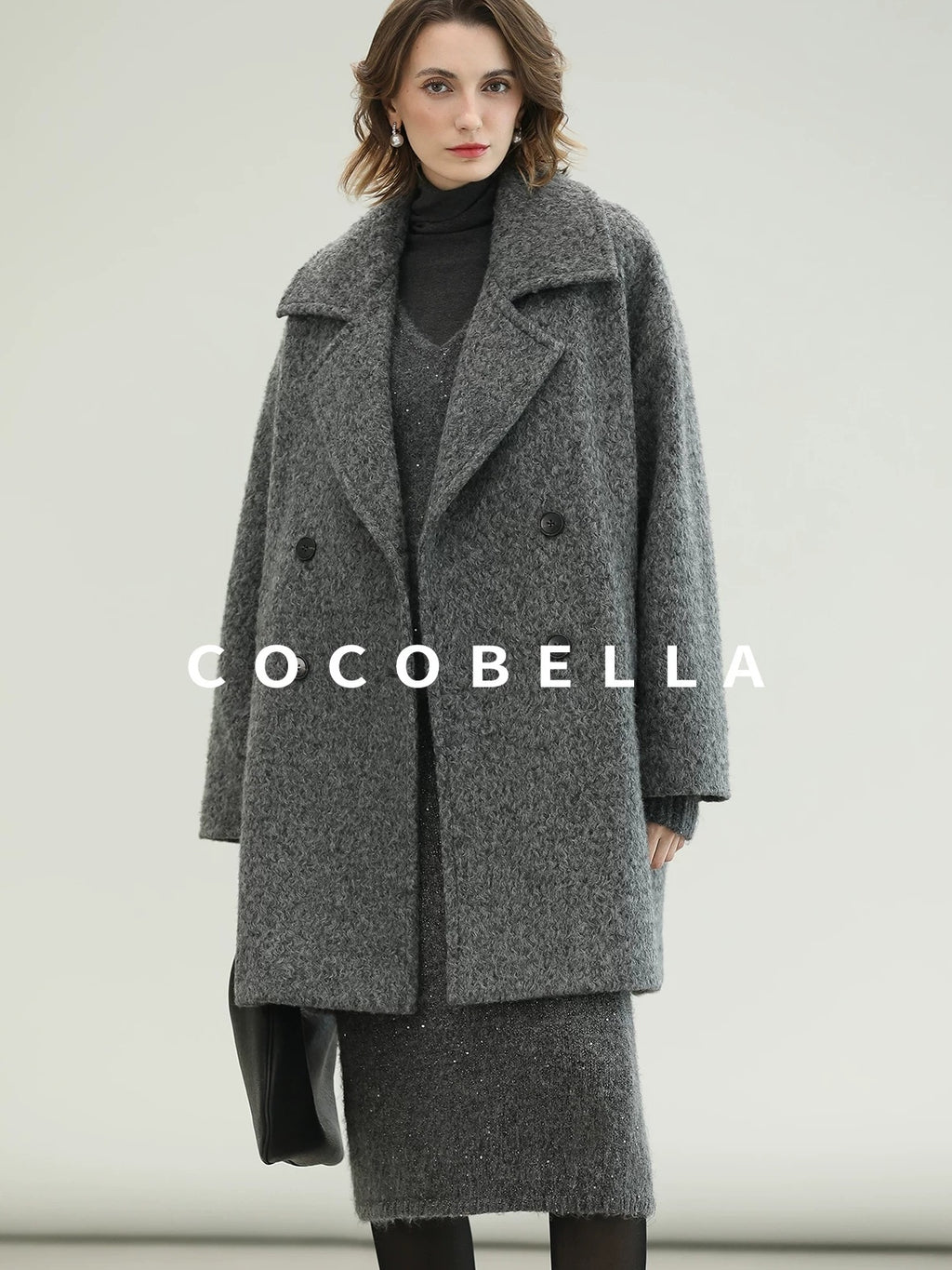 COCOBELLA Polyester Double Breasted Straight Mid Length Ladylike Outerwear Gray Coats