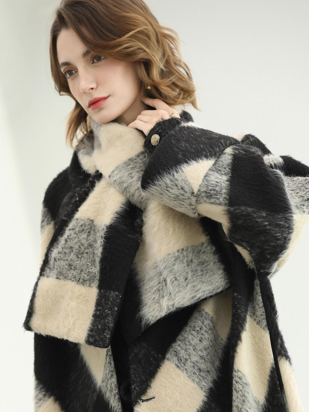 COCOBELLA Polyester Padded Two Piece Midlength Plaid Loose Fit Office Women Button Coats