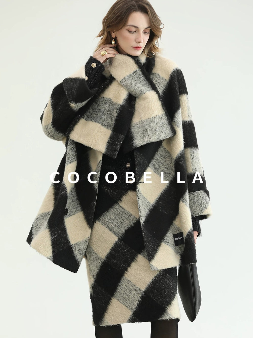 COCOBELLA Polyester Padded Two Piece Midlength Plaid Loose Fit Office Women Button Coats