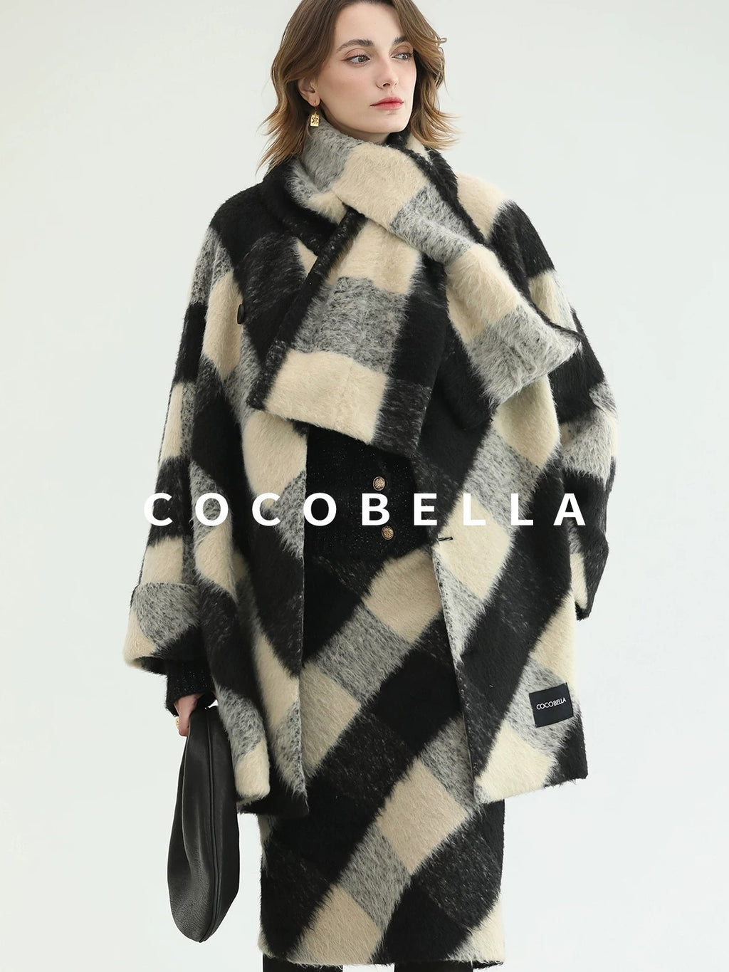 COCOBELLA Polyester Padded Two Piece Midlength Plaid Loose Fit Office Women Button Coats