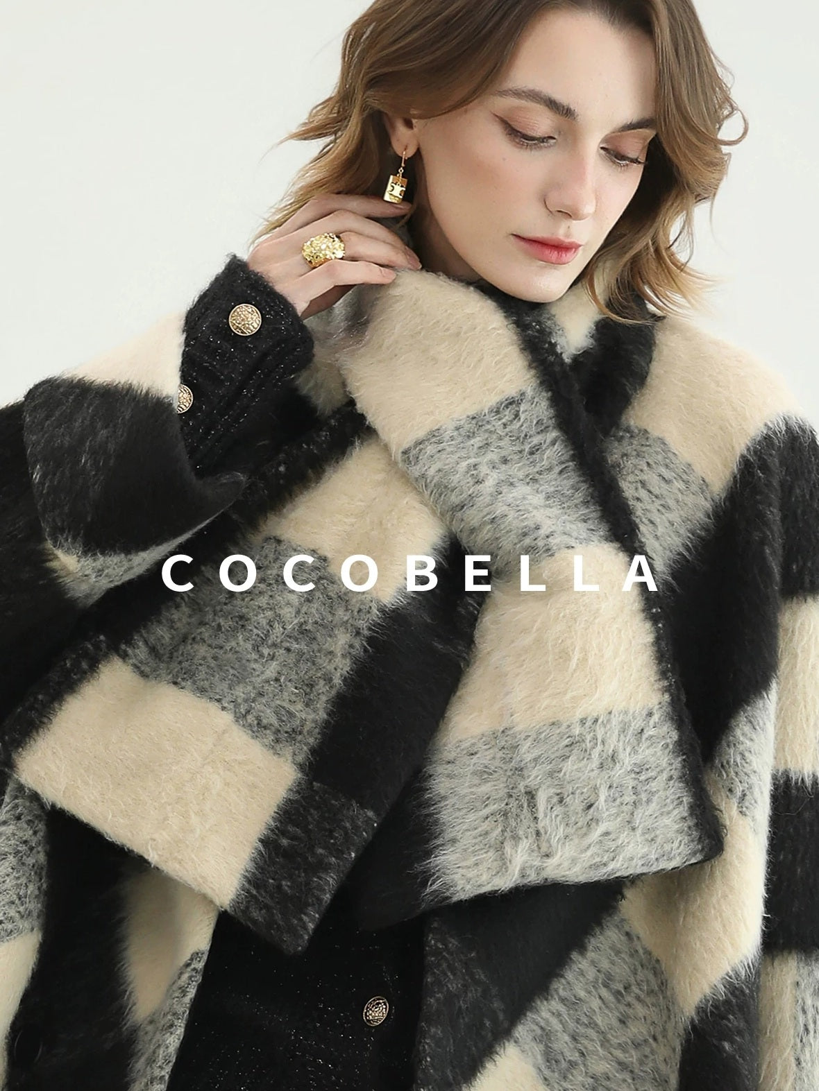 COCOBELLA Polyester Padded Two Piece Midlength Plaid Loose Fit Office Women Button Coats