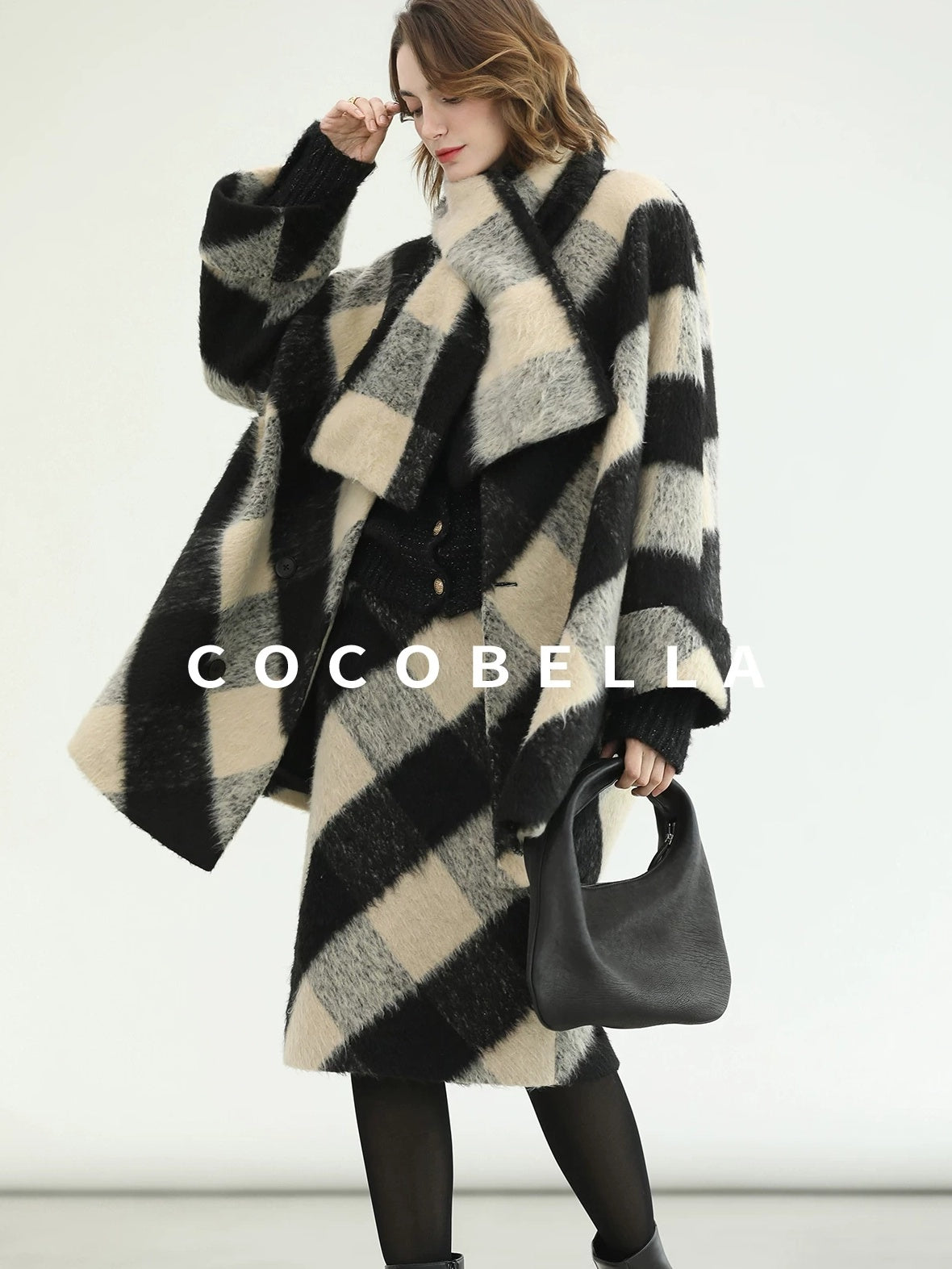COCOBELLA Polyester Padded Two Piece Midlength Plaid Loose Fit Office Women Button Coats