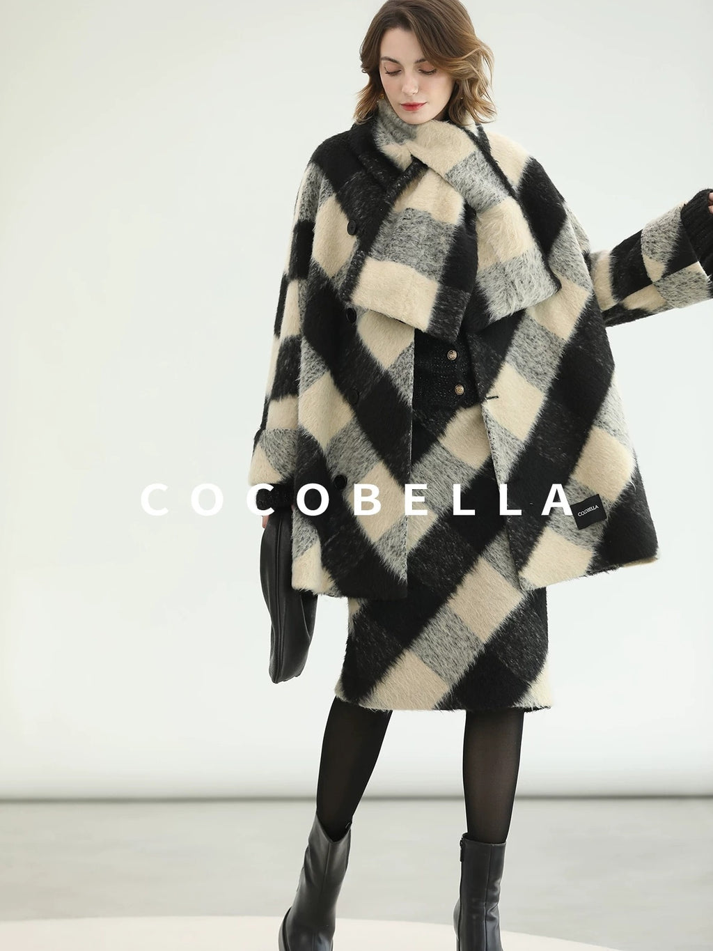 COCOBELLA Polyester Padded Two Piece Midlength Plaid Loose Fit Office Women Button Coats