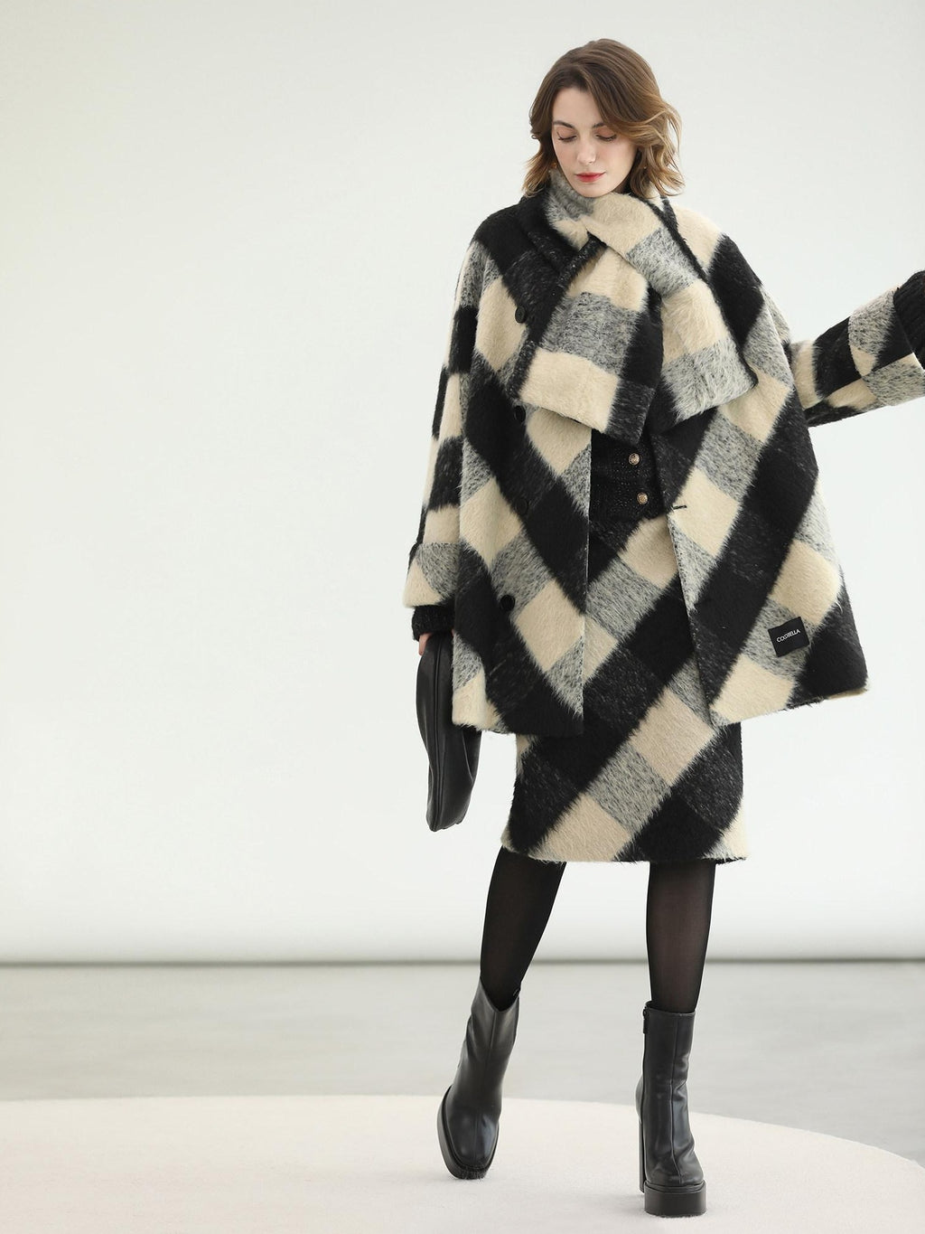 COCOBELLA Polyester Padded Two Piece Midlength Plaid Loose Fit Office Women Button Coats