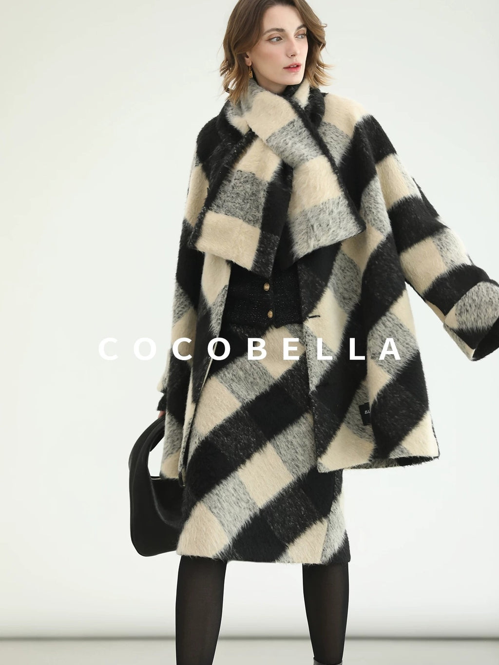 COCOBELLA Polyester Padded Two Piece Midlength Plaid Loose Fit Office Women Button Coats