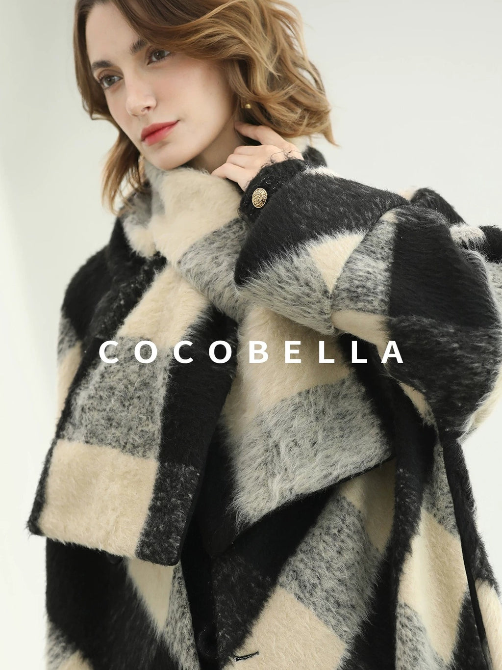 COCOBELLA Polyester Padded Two Piece Midlength Plaid Loose Fit Office Women Button Coats