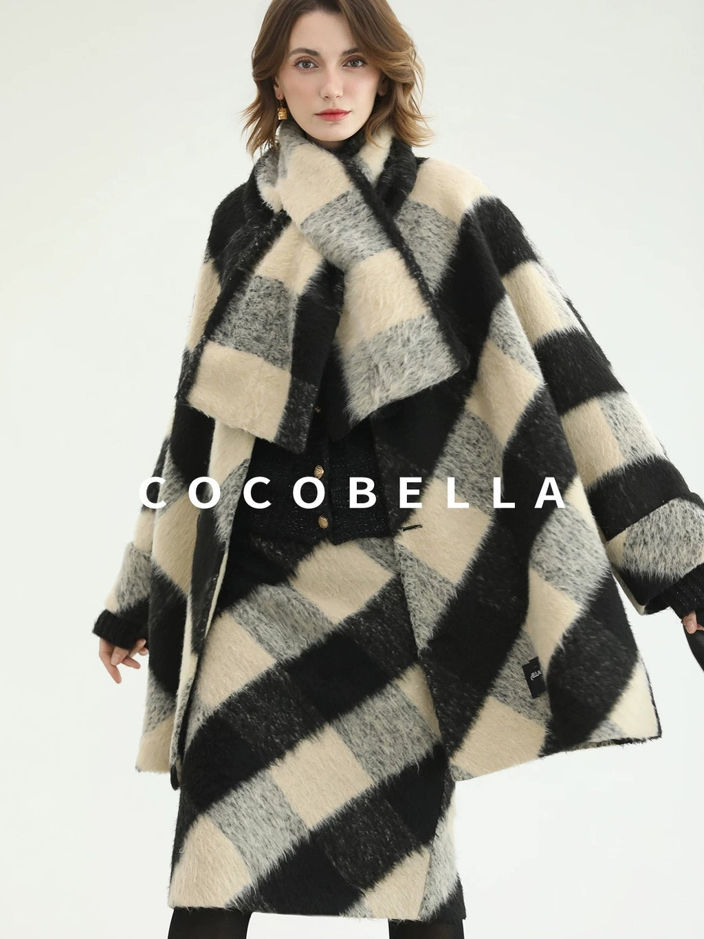 COCOBELLA Polyester Padded Two Piece Midlength Plaid Loose Fit Office Women Button Coats