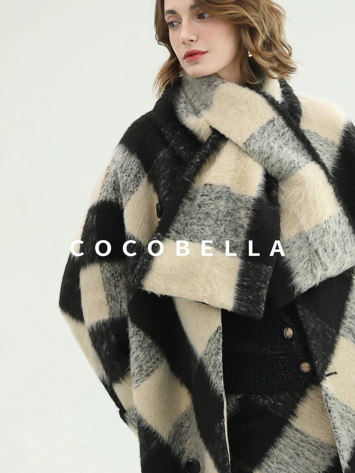 COCOBELLA Polyester Padded Two Piece Midlength Plaid Loose Fit Office Women Button Coats