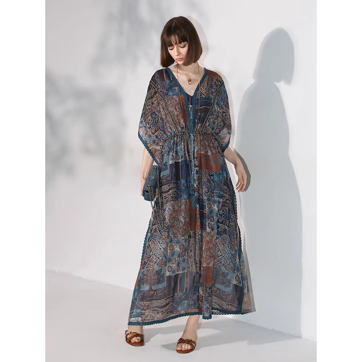 COCOBELLA_Porcelain_Print_Tassel_Lace_Two_Piece_V_Neck_Batwing_Adjustable_Waist_Dresses_MISSTT