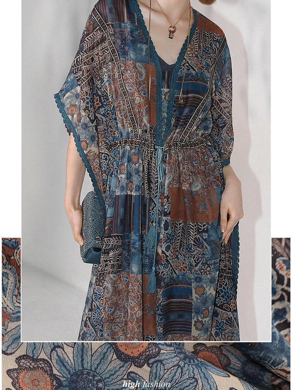 COCOBELLA Porcelain Print Tassel Lace Two Piece V Neck Batwing Adjustable Waist Dresses