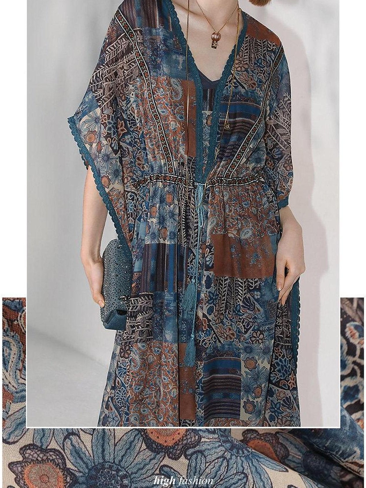 COCOBELLA Porcelain Print Tassel Lace Two Piece V Neck Batwing Adjustable Waist Dresses