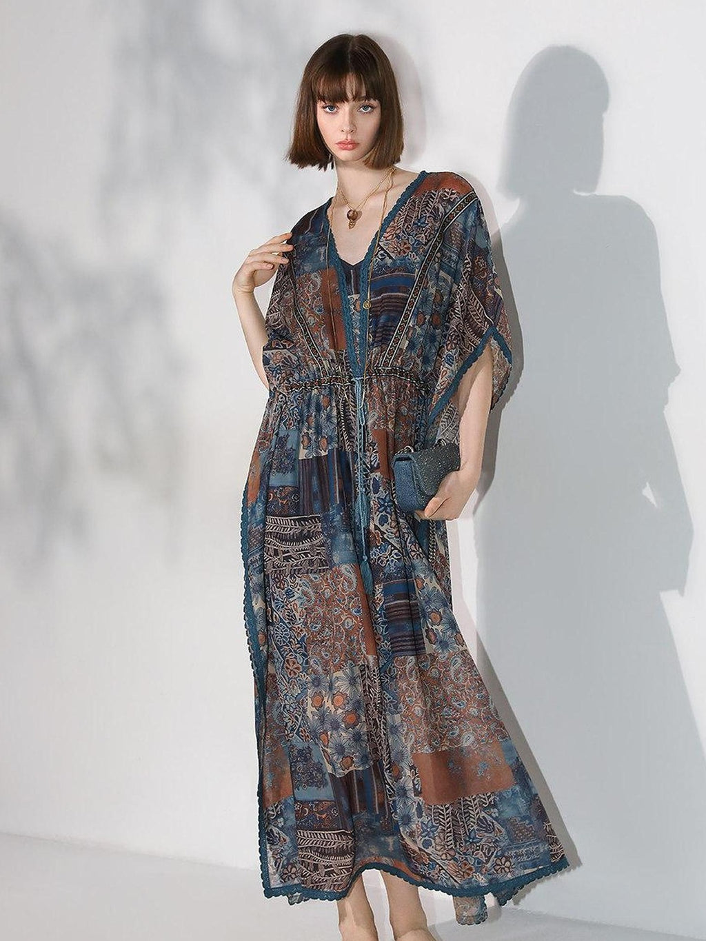 COCOBELLA Porcelain Print Tassel Lace Two Piece V Neck Batwing Adjustable Waist Dresses