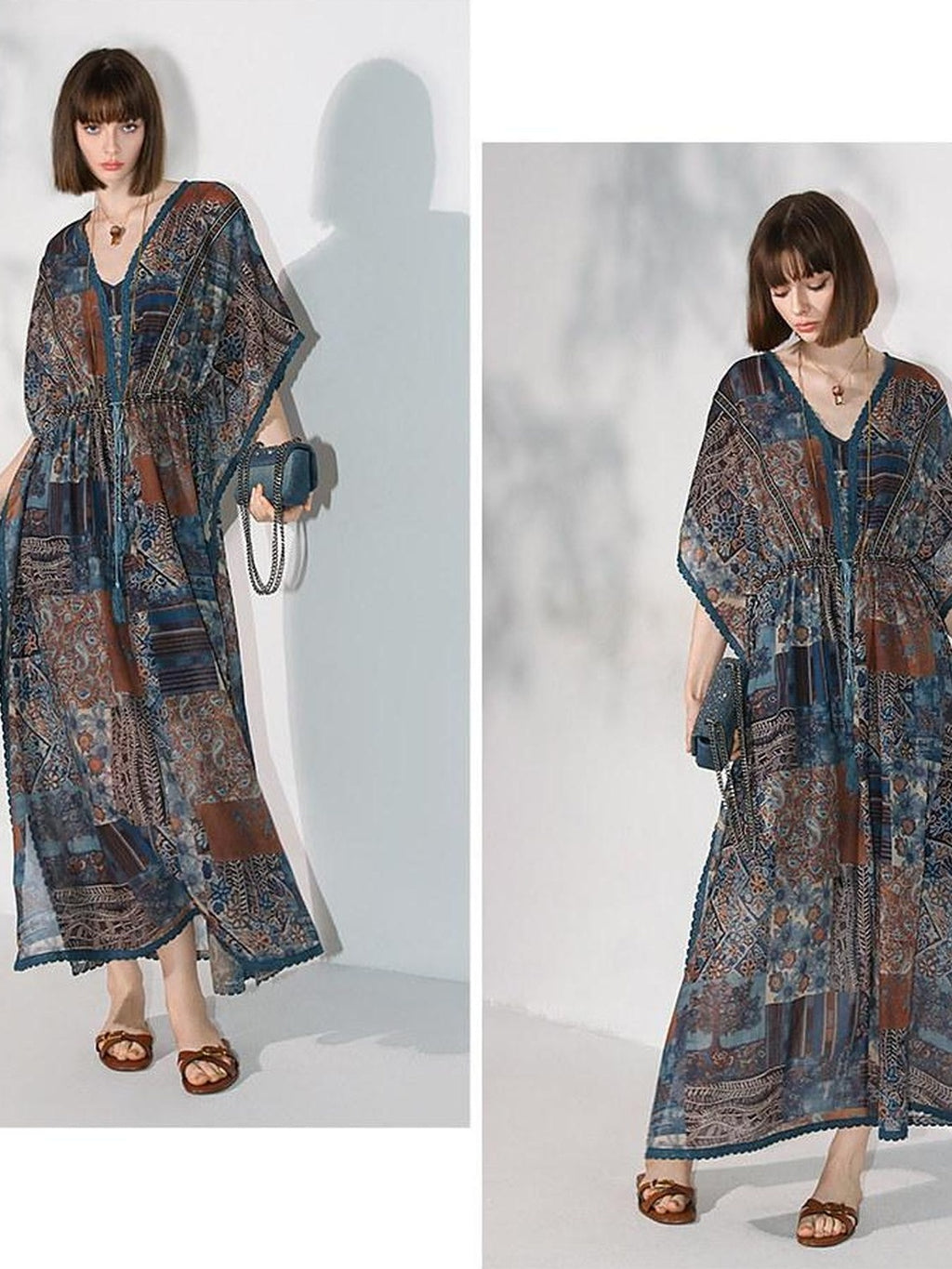 COCOBELLA Porcelain Print Tassel Lace Two Piece V Neck Batwing Adjustable Waist Dresses