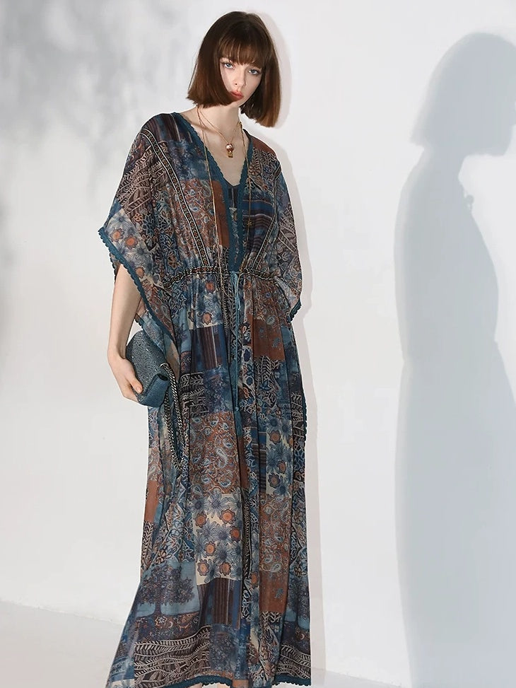 COCOBELLA Porcelain Print Tassel Lace Two Piece V Neck Batwing Adjustable Waist Dresses