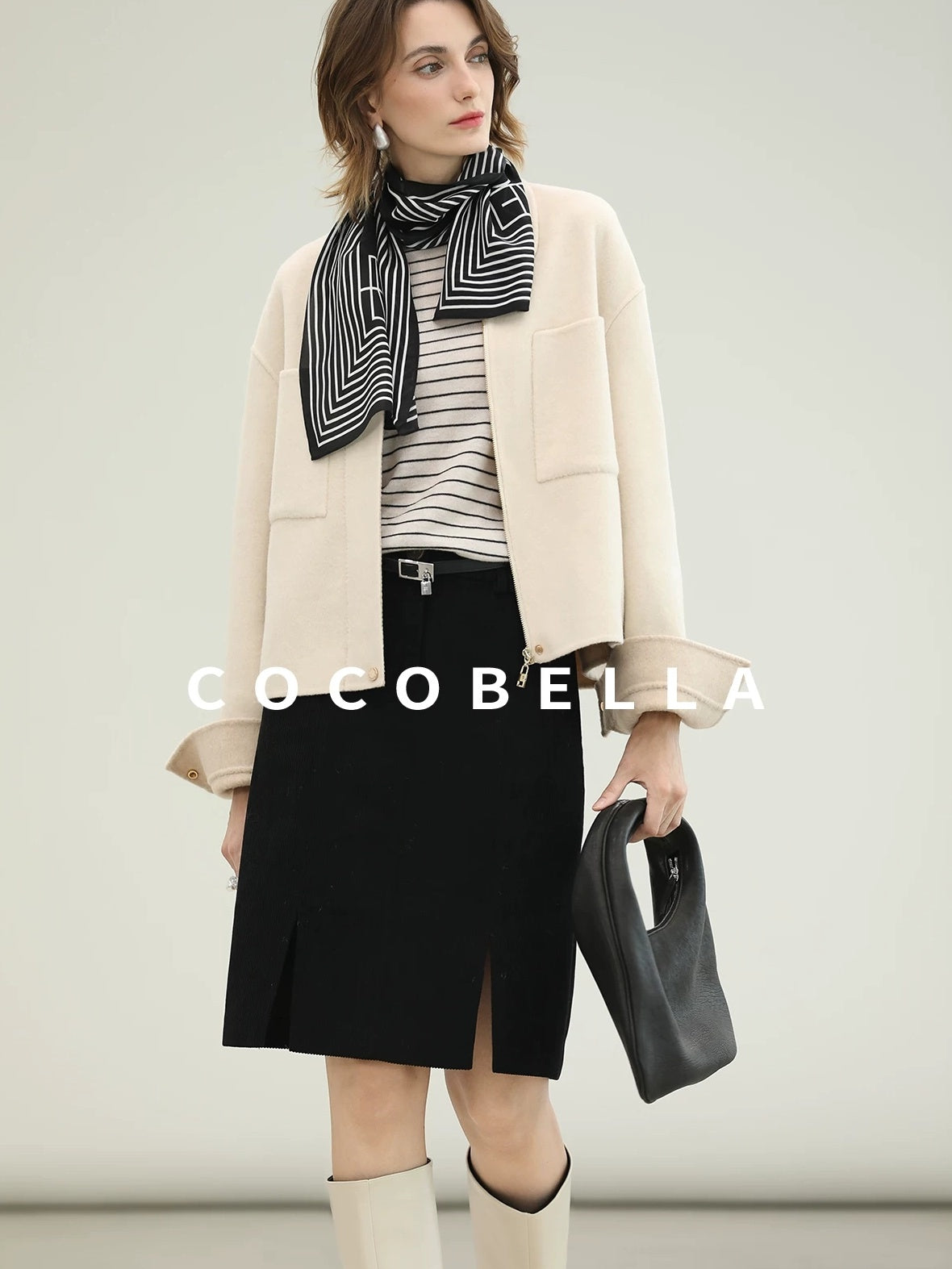 COCOBELLA Premium Double Faced Wool Straight Lapel Zipper Pockets Office Ivory Jackets
