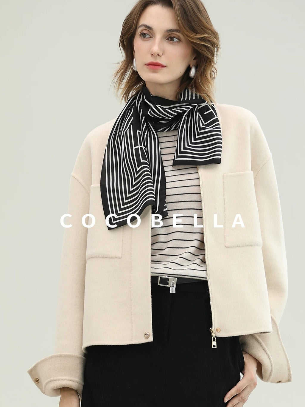 COCOBELLA Premium Double Faced Wool Straight Lapel Zipper Pockets Office Ivory Jackets