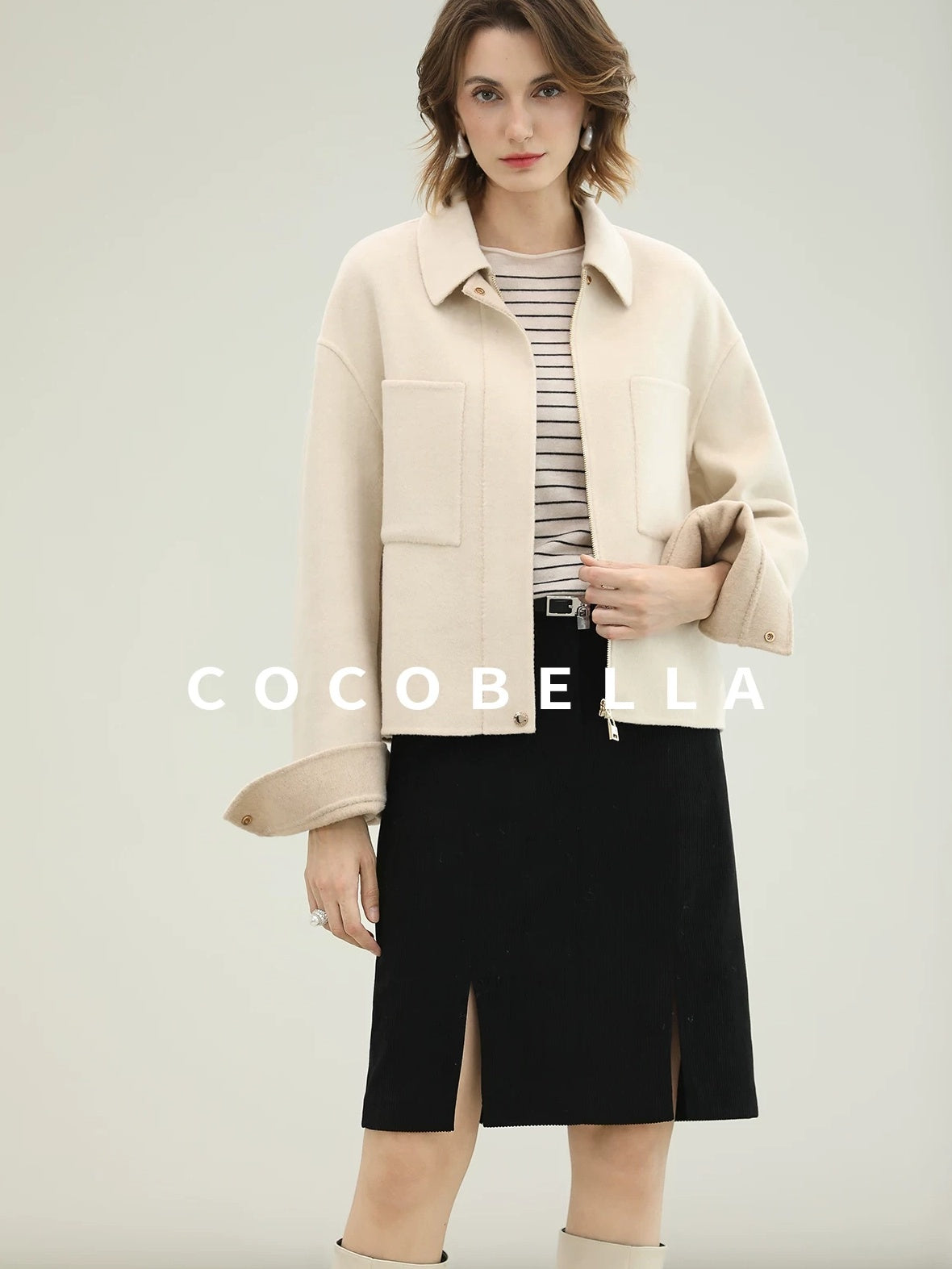 COCOBELLA Premium Double Faced Wool Straight Lapel Zipper Pockets Office Ivory Jackets