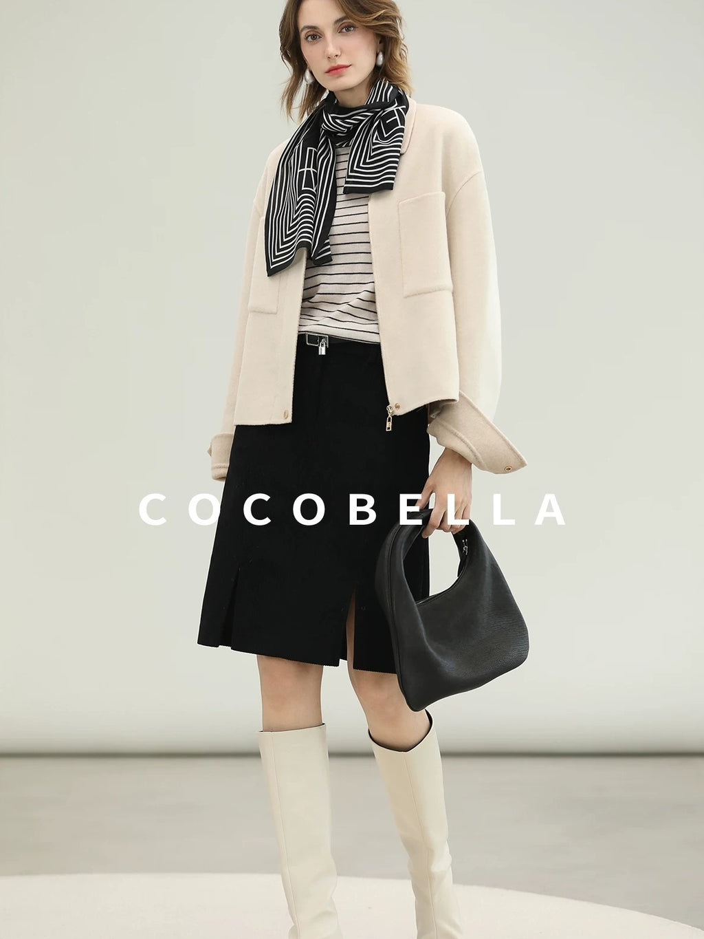 COCOBELLA Premium Double Faced Wool Straight Lapel Zipper Pockets Office Ivory Jackets