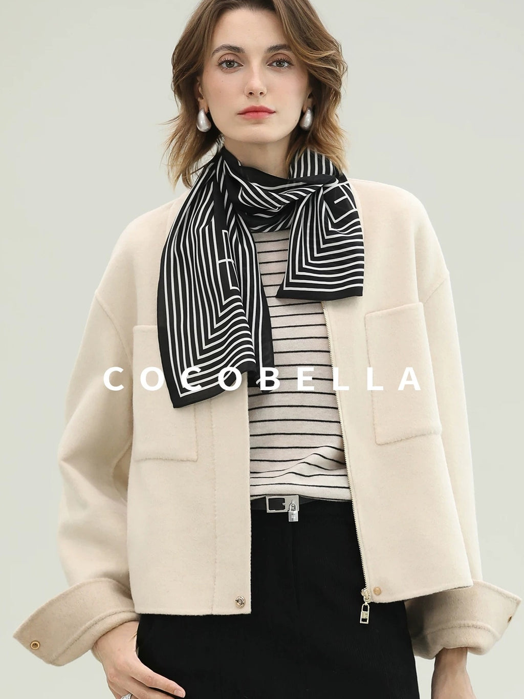 COCOBELLA Premium Double Faced Wool Straight Lapel Zipper Pockets Office Ivory Jackets