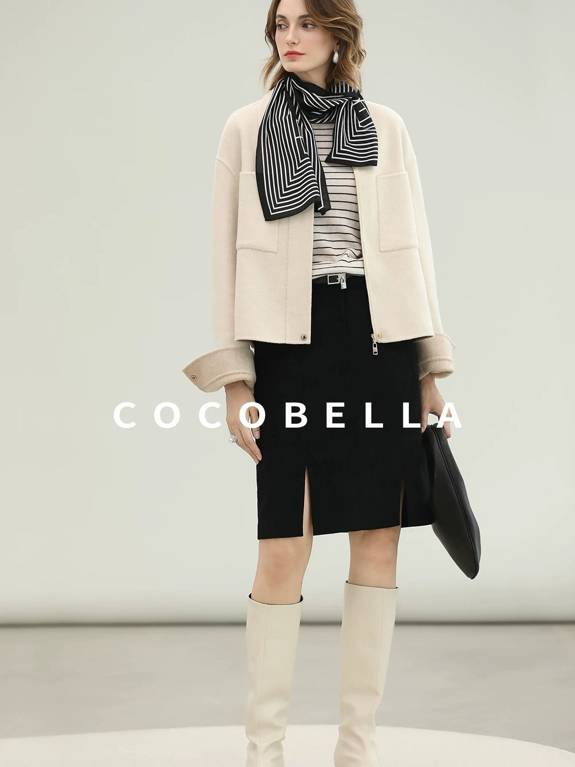 COCOBELLA Premium Double Faced Wool Straight Lapel Zipper Pockets Office Ivory Jackets