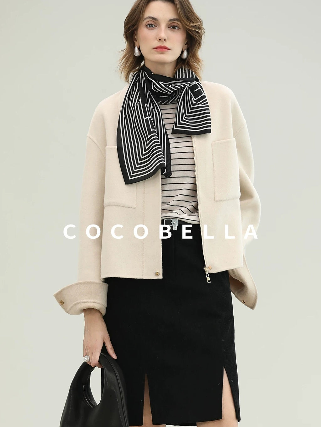 COCOBELLA Premium Double Faced Wool Straight Lapel Zipper Pockets Office Ivory Jackets