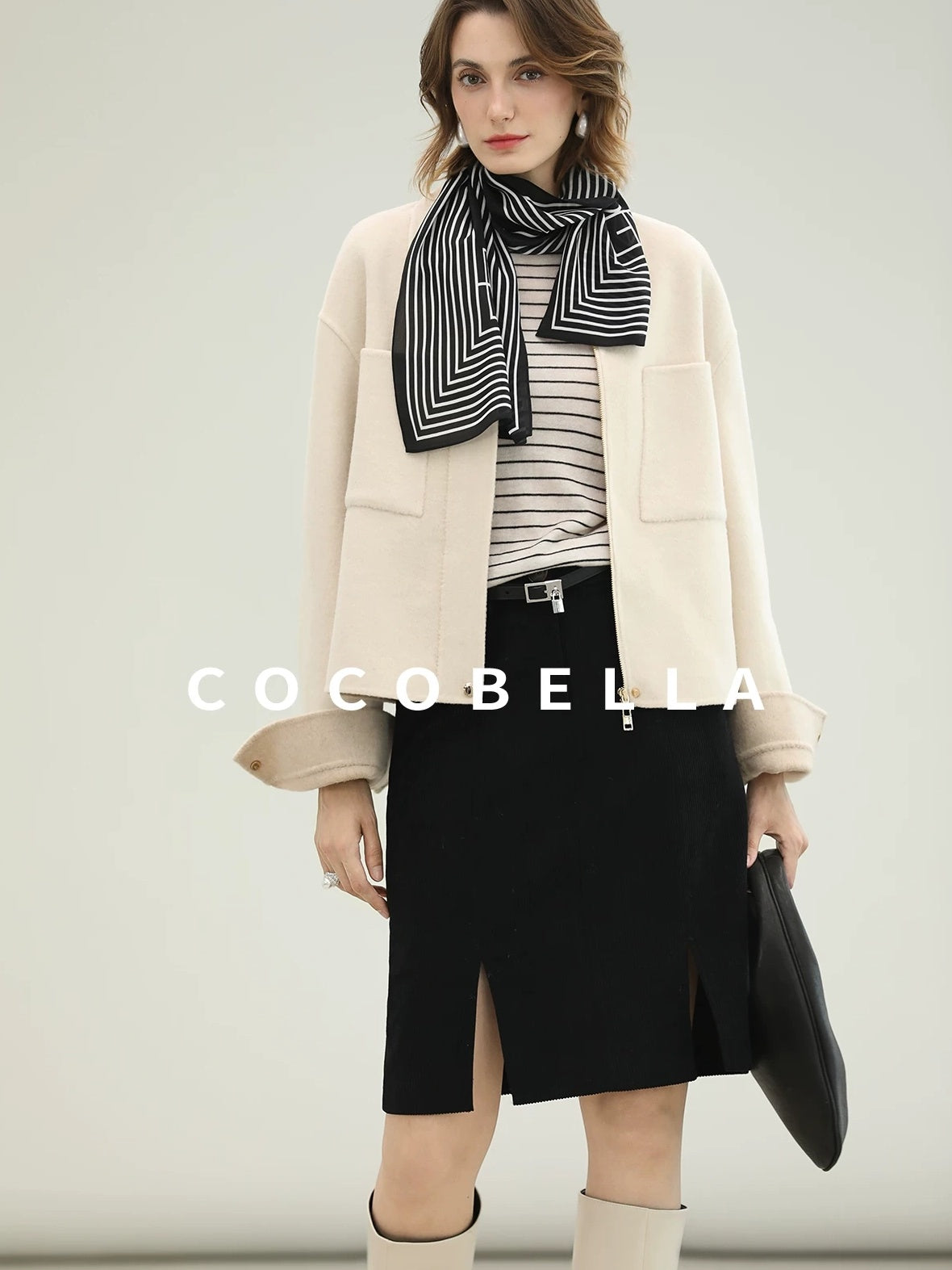 COCOBELLA Premium Double Faced Wool Straight Lapel Zipper Pockets Office Ivory Jackets