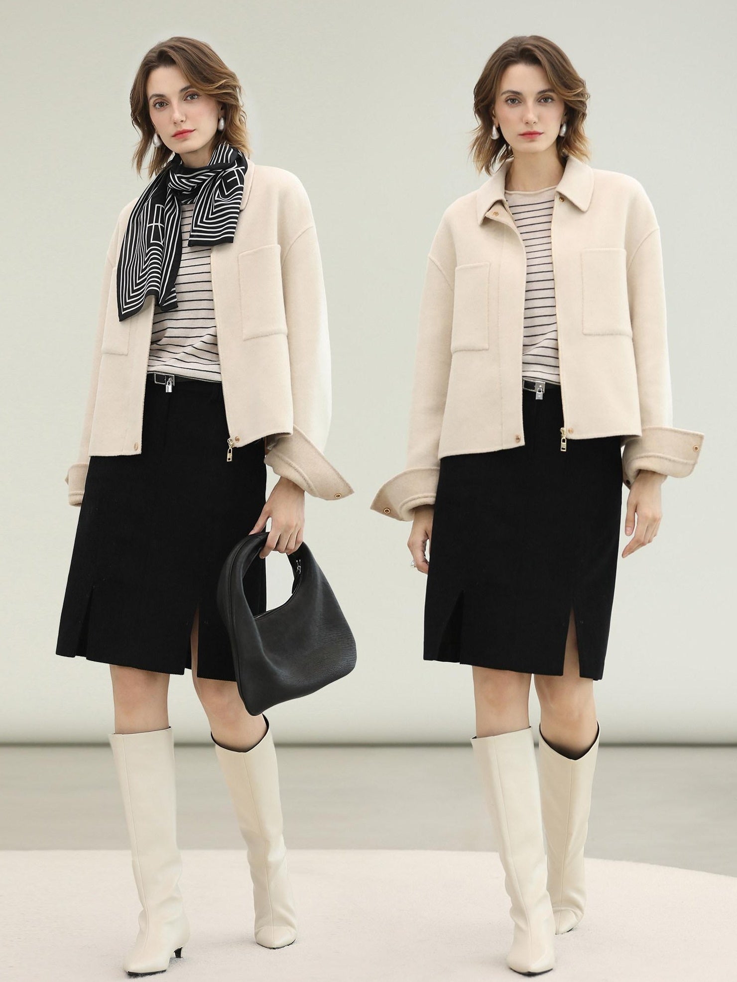 COCOBELLA Premium Double Faced Wool Straight Lapel Zipper Pockets Office Ivory Jackets