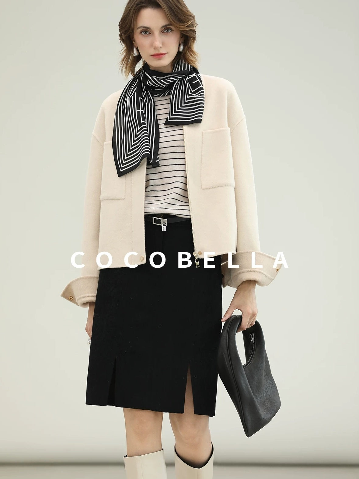 COCOBELLA Premium Double Faced Wool Straight Lapel Zipper Pockets Office Ivory Jackets