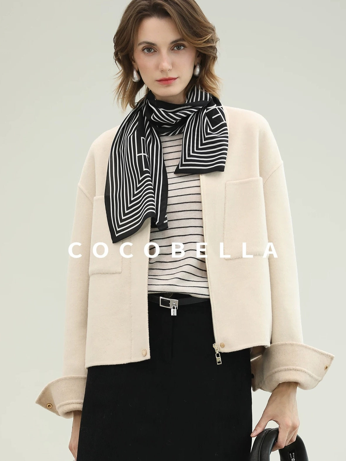 COCOBELLA Premium Double Faced Wool Straight Lapel Zipper Pockets Office Ivory Jackets