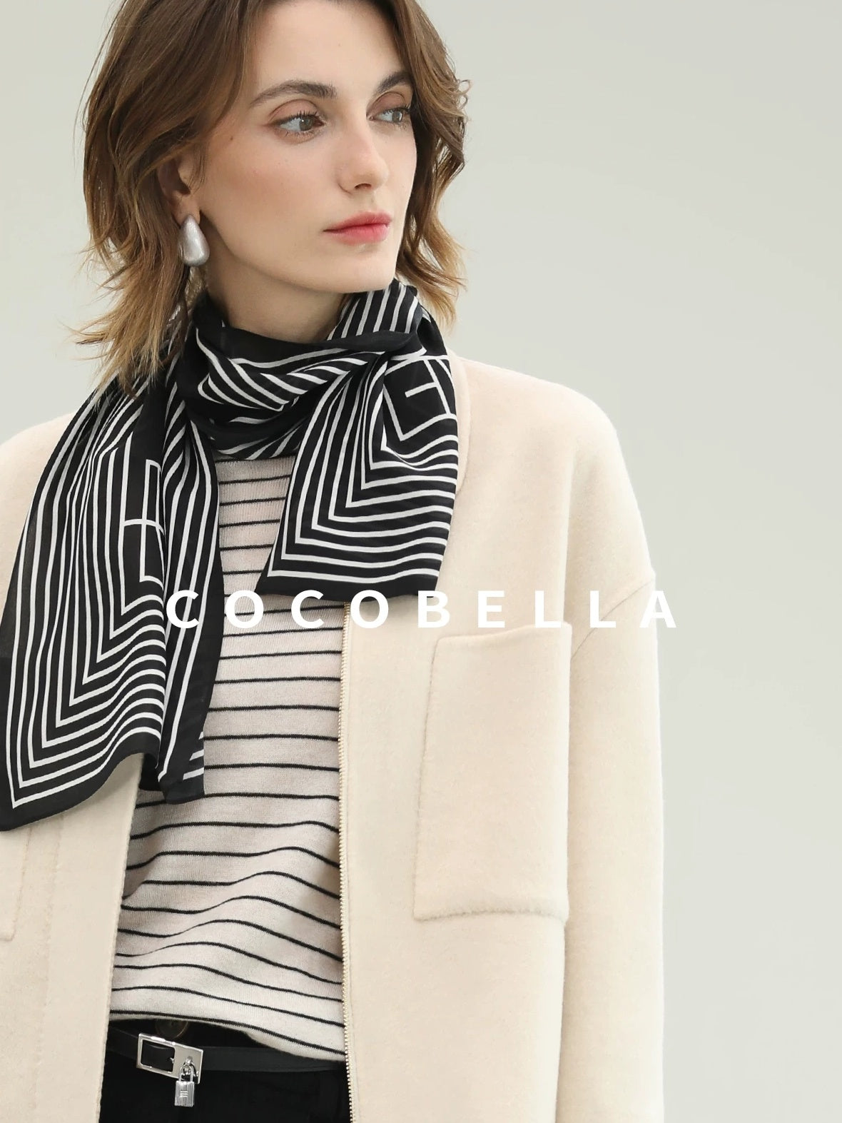 COCOBELLA Premium Double Faced Wool Straight Lapel Zipper Pockets Office Ivory Jackets