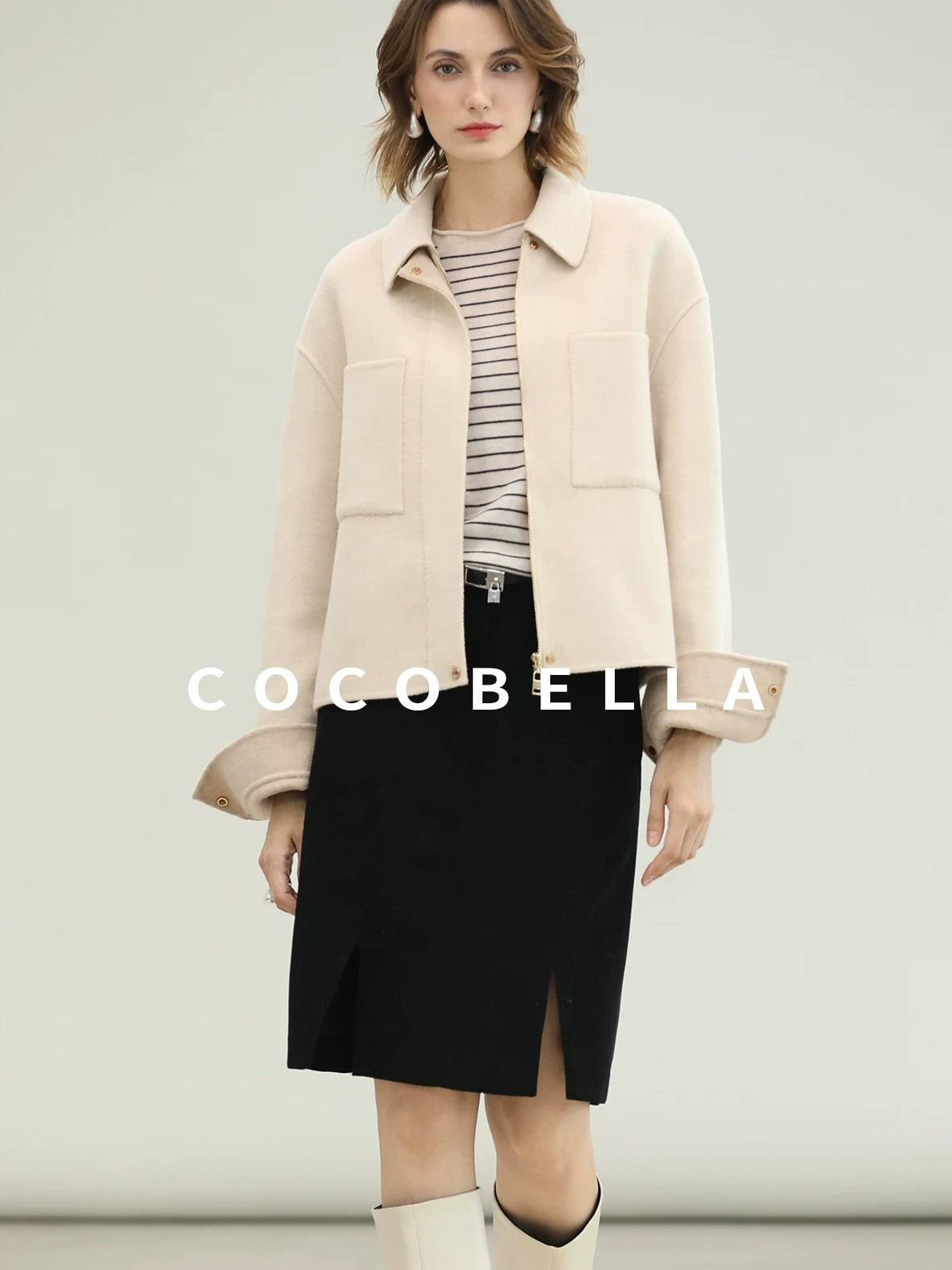 COCOBELLA Premium Double Faced Wool Straight Lapel Zipper Pockets Office Ivory Jackets