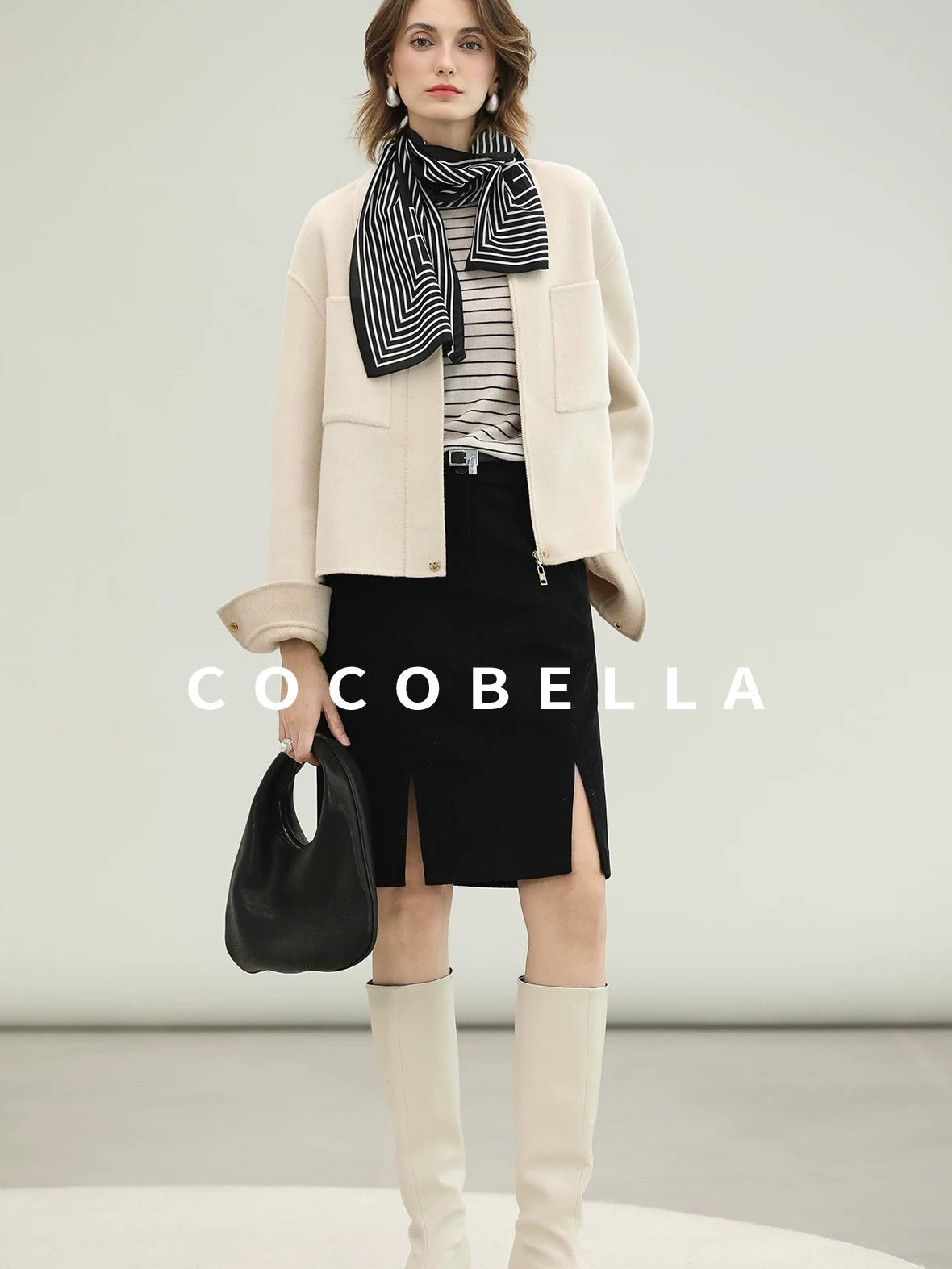 COCOBELLA Premium Double Faced Wool Straight Lapel Zipper Pockets Office Ivory Jackets