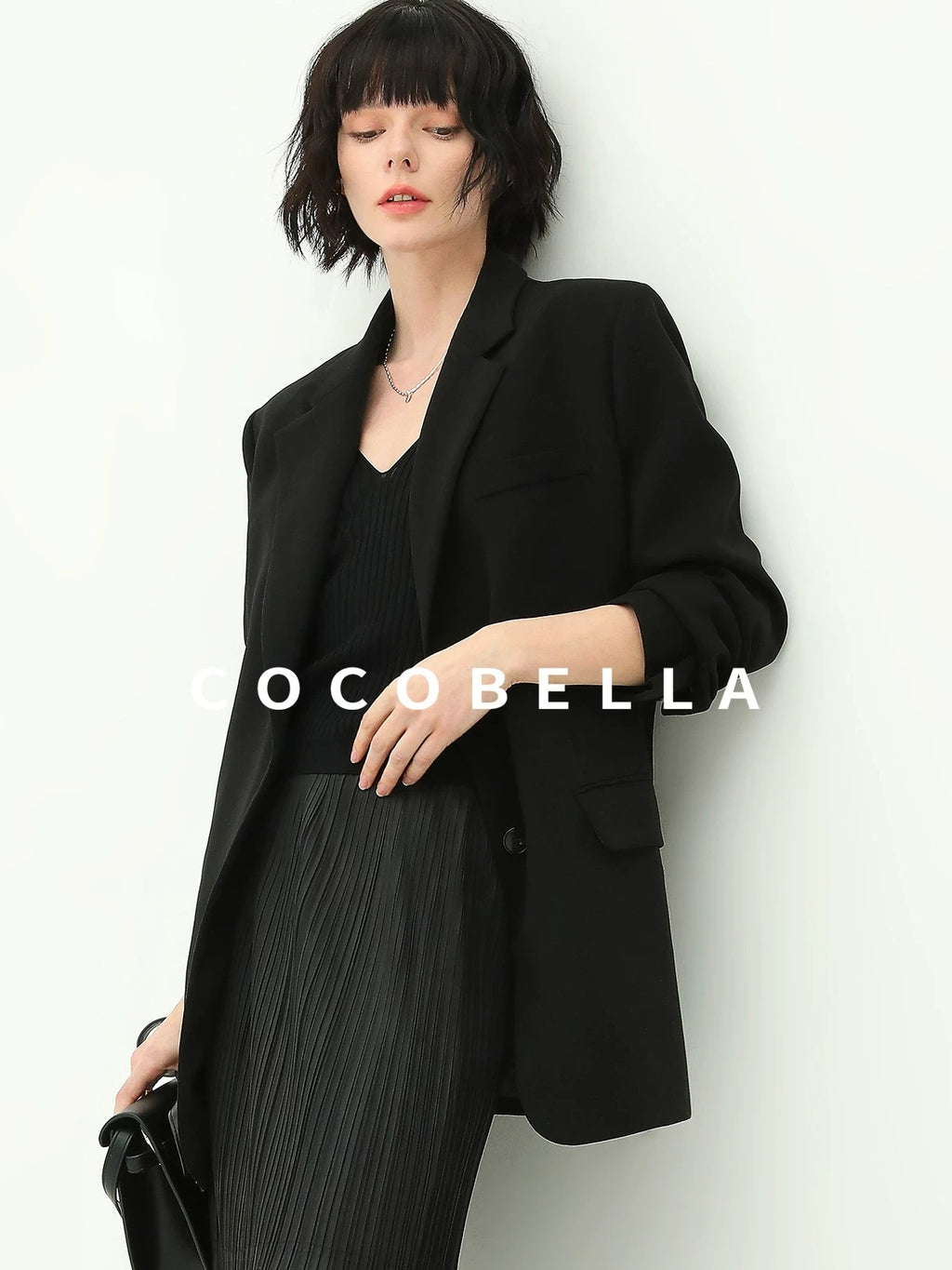 COCOBELLA Premium Polyester Straight Tailored Women Office Commute Black Blazers