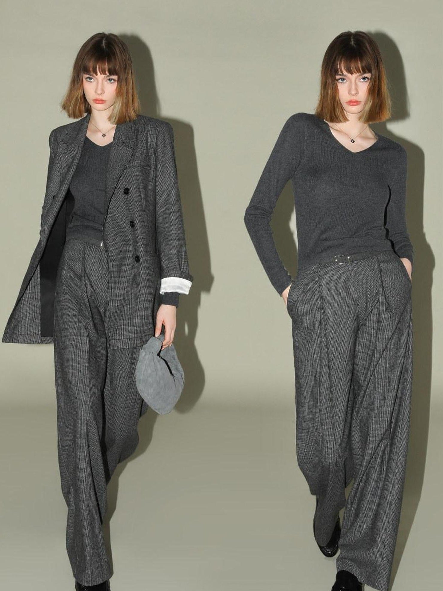 COCOBELLA Premium Tailored Houndstooth Wide Leg Minimal Office Women Gray Wool Blend Pants