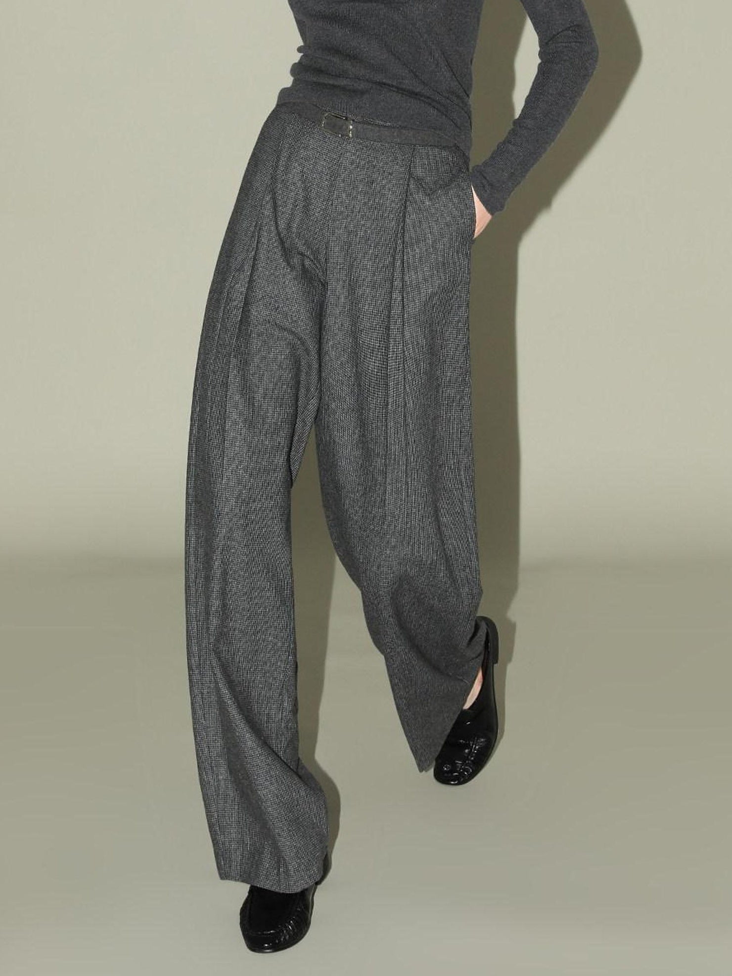 COCOBELLA Premium Tailored Houndstooth Wide Leg Minimal Office Women Gray Wool Blend Pants
