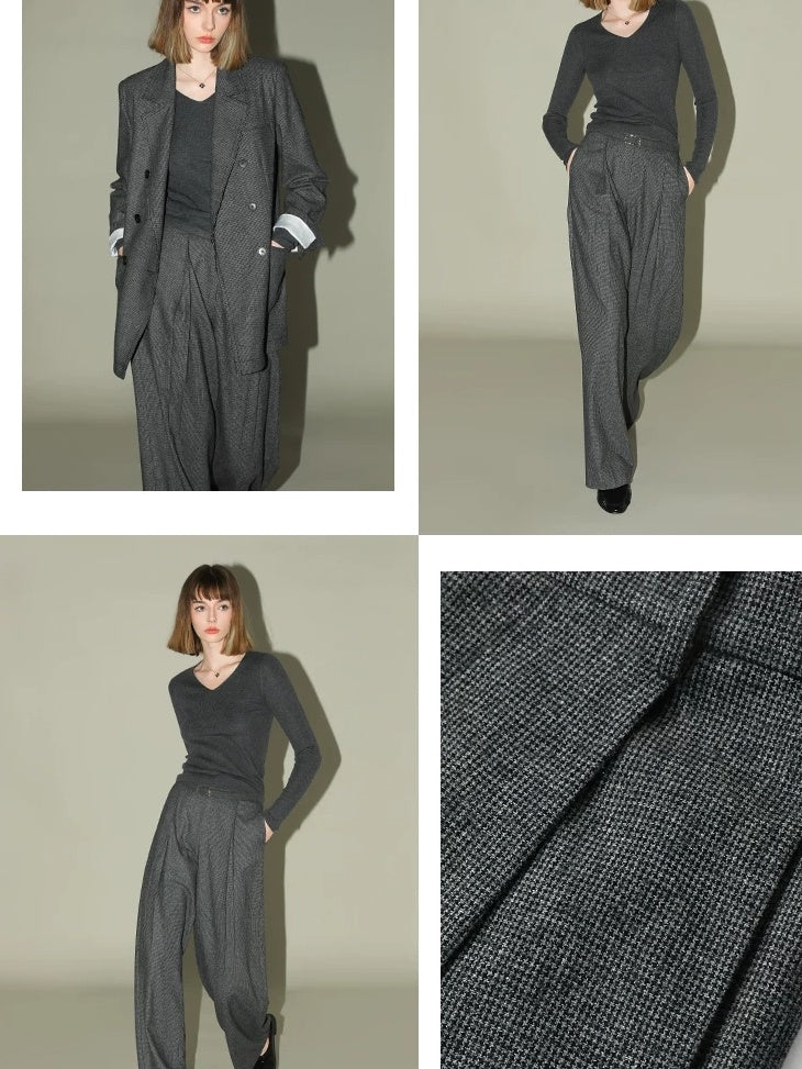 COCOBELLA Premium Tailored Houndstooth Wide Leg Minimal Office Women Gray Wool Blend Pants